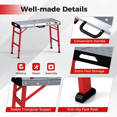Portable Welding Table 42 By 21 Inches Folding Height Adjustable Top With Beefy 1000 Lbs Capacity 2 Bar Clamps 8 Tool Slots Built In Handle 0.7 Inch Holes Heavy Duty Workbench For Garage And Shop