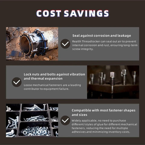 Image displaying cost savings and benefits of a high strength threadlocker for automotive and machinery repair.