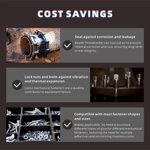 Images depicting the benefits of using 19g Medium Strength Blue Threadlocker Stick for bolt and nut locking with cost savings.
