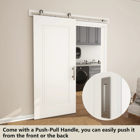 36x84 Sliding Barn Door Kit, 1 Panel White Primed Interior Closet Door With Satin Nickel 6ft Hardware installed in a room