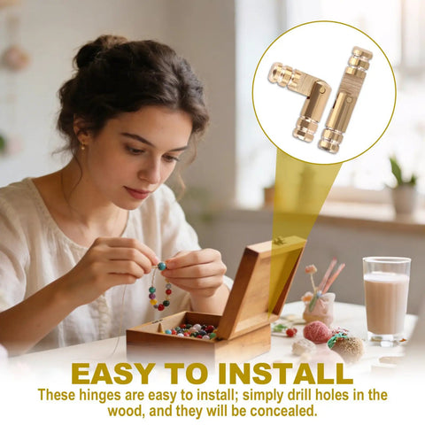 Woman using Premium 30 Pcs Brass Hidden Cylinder Hinges Mini Barrel Hinges 20x4mm for jewelry box DIY project.