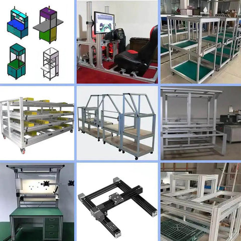 Various frames and structures built using the Built Tough Corner Bracket Connector Set for 4080 and 8080 aluminum extrusion.