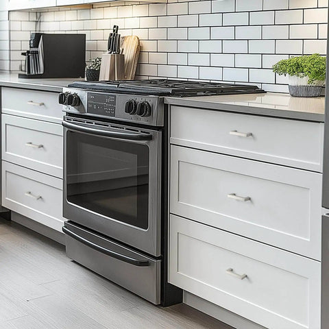 Kitchen with white cabinets featuring 8 Pack Brushed Nickel Cabinet Handles for Kitchen Cabinets and Drawers, modern stove