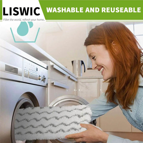 Woman placing 4 Pack Dirt Grip Microfiber Replacement Pads in washing machine, compatible with S1000 Series steam mop, washable and reusable.