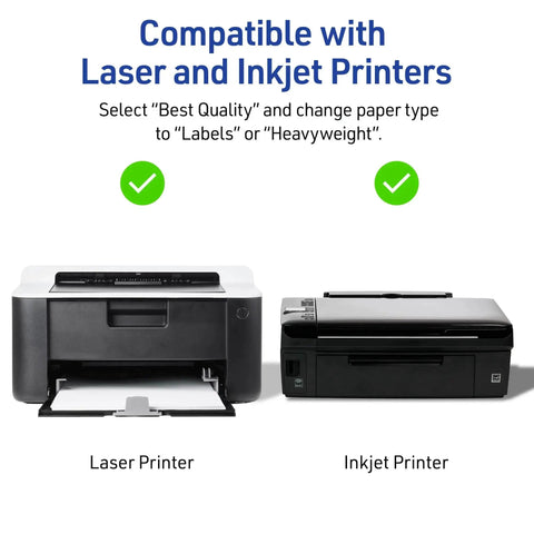 Image showing Printable Sticker Paper for Home Projects With Repositionable Adhesive, 8.5 By 11 Inches Matte White, Laser And Inkjet Compatible next to laser and inkjet printers, denoting compatibility for both.