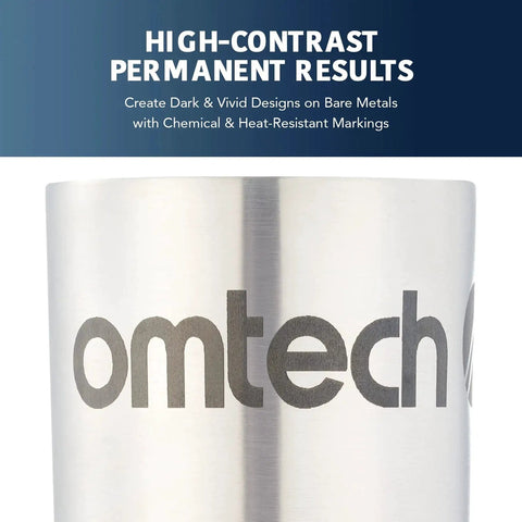 High Contrast Metal Laser Marking Spray For CO2 And Fiber Lasers, 13oz Aerosol Black Ink For Aluminum, Stainless Steel, Brass And More, Creates Permanent Dark Marks On Bare Metal With 25W Or Higher Engravers By OMTech. Stainless steel cup with OMTech logo showing high-contrast black marking.