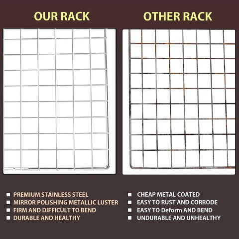 Comparison of two cooling racks highlighting the Two Pack Stainless Steel Cooling Rack For Baking 16x10 Inches, Oven Safe Thick Wire Cookie Rack.