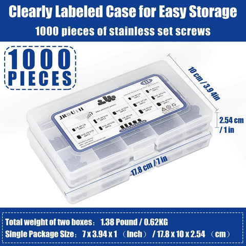 Plastic case containing 1000 Piece Set Screw Assortment Kit With Metric And SAE Internal Hex Drive Cup Point Grub Screws 12 9 Grade Alloy Steel M3 to M8 and One Eighth to Five Sixteenth Inch Sizes Cup Point Fasteners For Secure Slippage Resistant Installations, shown with label and dimensions.
