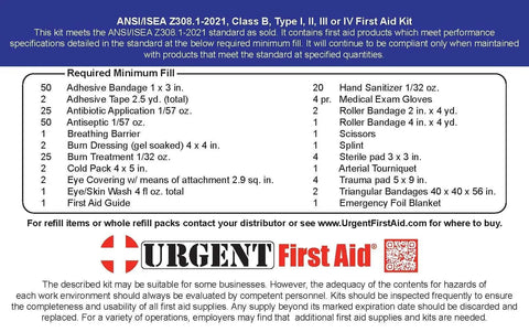 OSHA and ANSI Class B First Aid Kit Refill For 50 People 208 Piece Upgrade Pack list showing contents and standards information.