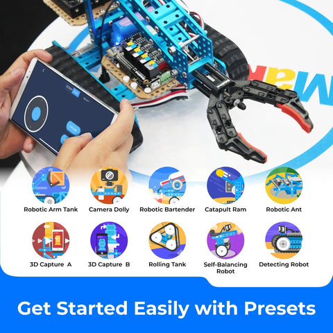 Makeblock mBot Ultimate 10-in-1 toy robot kit with blue metal frame and claw, smartphone app control shown.