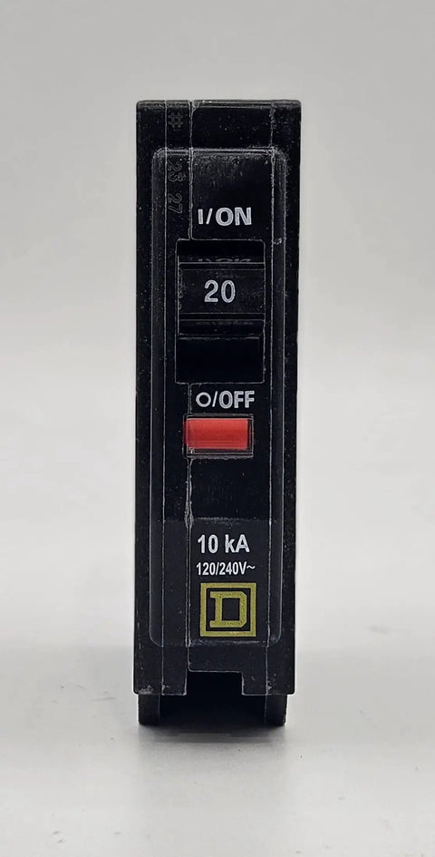 QO120 20 Amp Circuit Breaker front view showing 1 Pole, 120 Volt, UL Listed, 10kA AIR, plug-in standard design