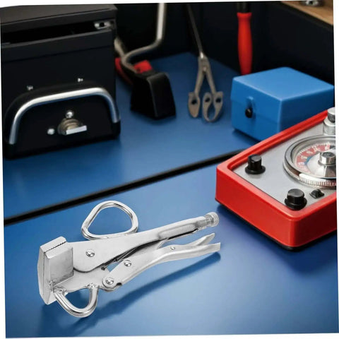 Heavy Duty Adjustable Locking Steel Plate Clamp Pliers for Auto Body Repair and Welding on blue workshop table
