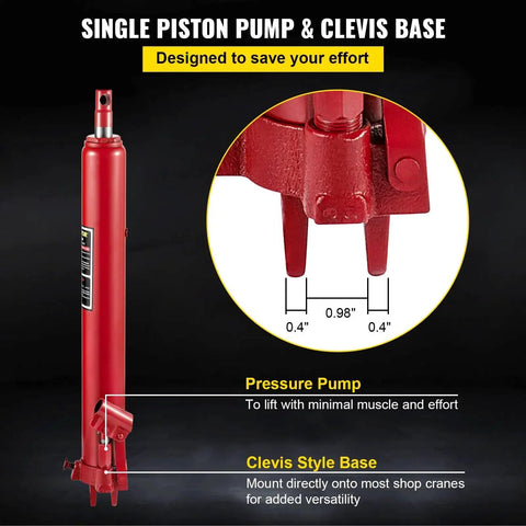8 Ton Hydraulic Long Ram Jack With Clevis Base shown in detailed close-up with clevis style base and pressure pump features.