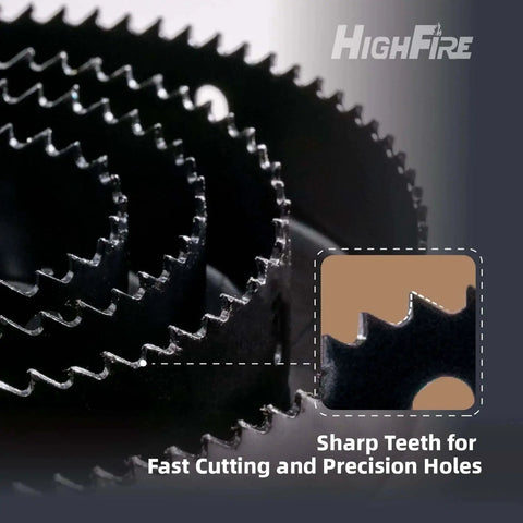 All Purpose 19 Piece Hole Saw Kit For Soft Wood Plywood Drywall And PVC Board Includes 2 Mandrels 3 Drill Bits Hex Key And Installation Plate HighFire showing close-up of sharp saw teeth