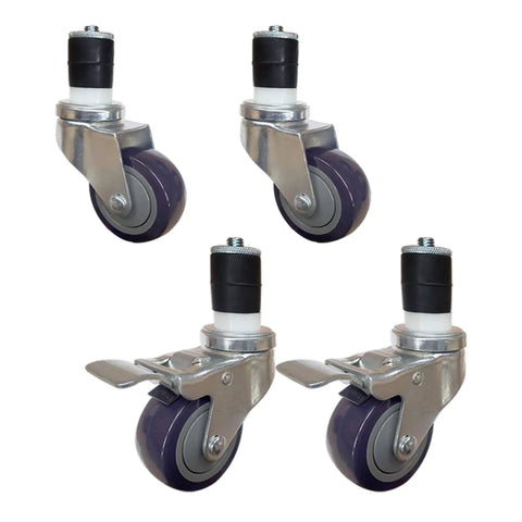 Set of 4 three-inch casters for stainless steel work tables, includes 2 brake wheels and 2 swivel wheels, heavy duty, durable