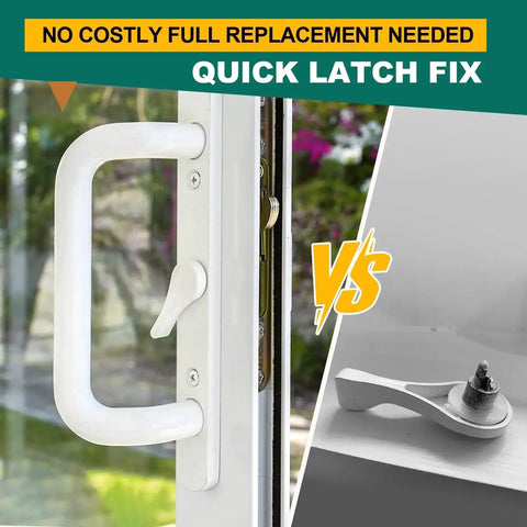 Sliding Patio Door Thumb Latch Lever Replacement Kit Two Pack Fits Jeld Wen And Prime Line Surface Mount Handles Replaces Broken Latches Without Replacing The Whole Handle 1 And Three Eighths Inch Tail Easy To Install shown installed on door