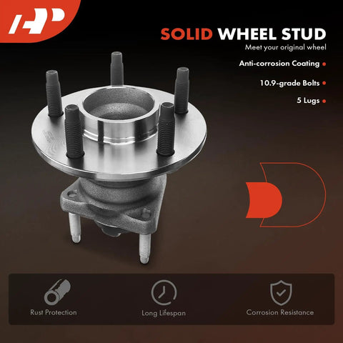 Two Pack Rear Wheel Bearing And Hub Assembly With Abs For Chevy Cobalt 2009 2010 HHR 2008 2010 Malibu 2004 2012 Pontiac G6 2005 2010 Saturn Aura 2007 2009 4 Wheel Abs Ready 5 Lug Fit Heavy Duty, shown with anti-corrosion coating and solid wheel stud.