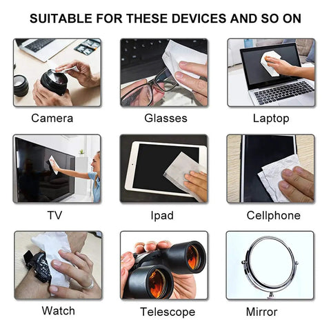 Pre Moistened Lens And Screen Wipes For Glasses Cameras Phones Pack Of 100 used on various devices including laptop and TV screen