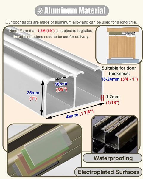 Heavy Duty Sliding Barn Door Hardware Kit For Two Bypass Doors 106 Inch Track With Four Nylon Roller Wheels Stainless Steel Pulley System Adjustable Double Pocket Door Kit Supports Up To 450 Lbs, showing aluminum material specifications and electroplated surfaces.