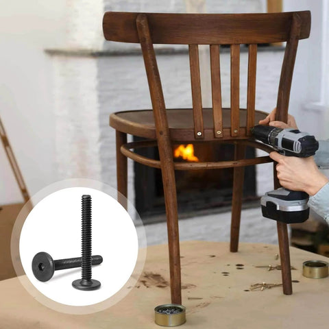 Person assembling chair with drill using 30 Pack Flat Head Socket Cap Screws For Furniture 1/4-20 X 2 Inch Black Allen Bolts