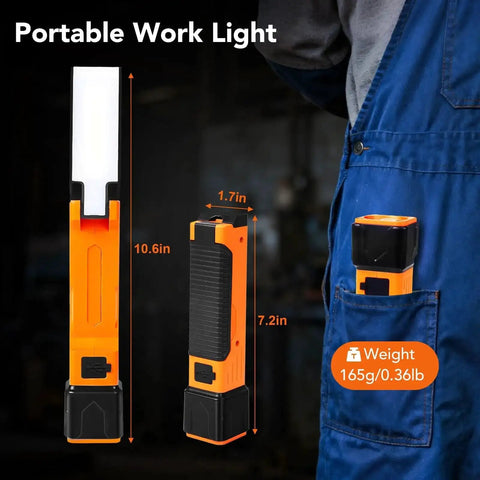 All In One Rechargeable Work Light With Dual COB Flood And LED Spotlight shown with dimensions and portable use in pocket