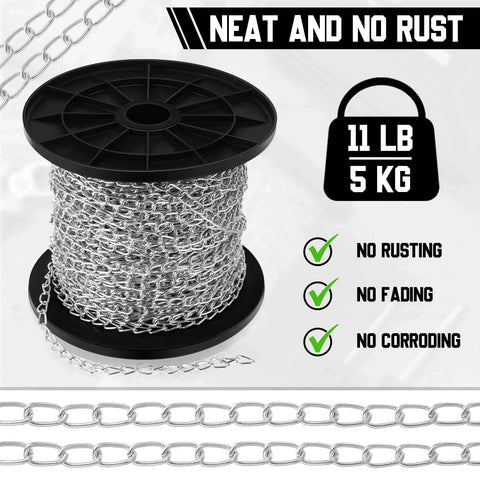 50 Ft Galvanized Steel Hanging Jack Chain 1.3mm on spool, rust-resistant for light fixtures, bird feeders, artworks, and flowerpots