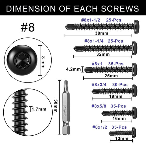 Dimensions of Torx Drive Self Drilling Screws Set For Metal In 410 Stainless Black Dacromet Finish Pan Head Tek Screws Size Eight By One Half To One And One Half Inch 185 Pieces Plus One T20 Bit Tough As Nails Outdoor Ready And Corrosion Resistant.