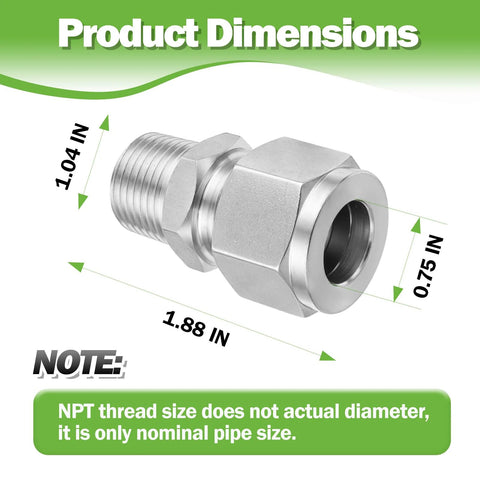 Goldpea stainless steel 304 compression adapter; 3/4 in OD x 3/4 in NPT male tube fitting, pack of 2