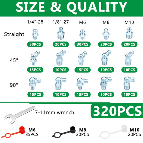 Aienxn grease fittings set in a portable box; SAE/metric zerk fittings, straight 45° 90°, 1/4-28 to M10, 320 pcs with caps and wrench