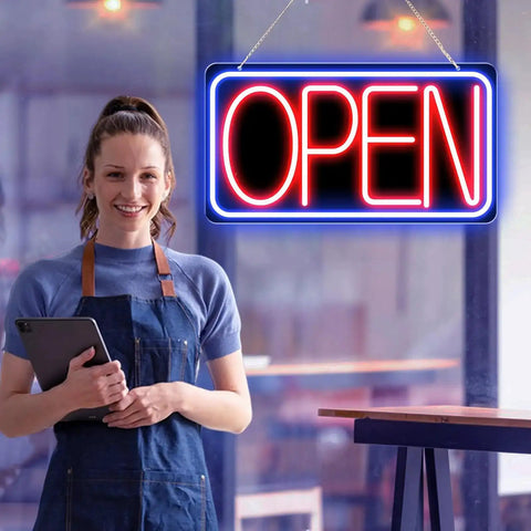 16.5 X 9 Inch Led Neon Open Sign For Business Ultra Bright Plug In Light Up Open Sign With Easy On Off Switch And 12V 2A AC Adapter For Storefront Window Bar Salon Coffee Shops Blue Red Backplate