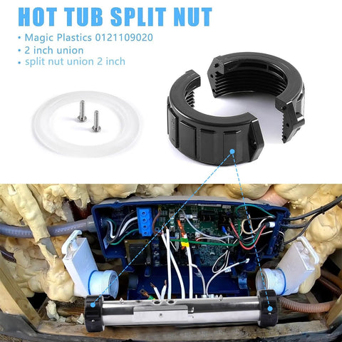 Fuoequl hot tub split nut 2-inch kit with black plastic ring, white gasket and screws; shown installed in spa heater.