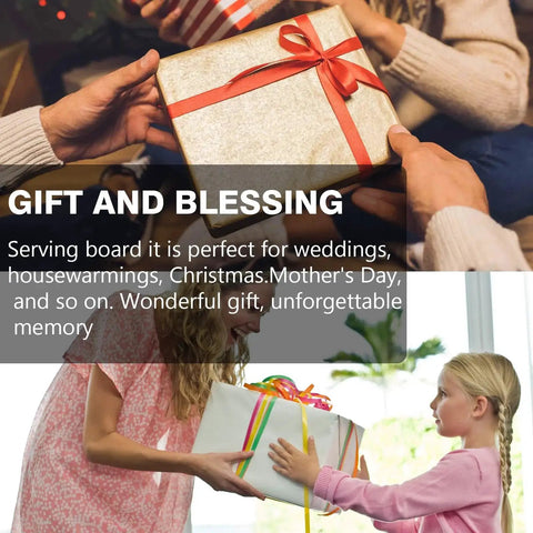 People exchanging gifts, highlighting Six Piece 11 By 5 Inch Mini Charcuterie Boards With Handles Set For Crafts Unfinished Wood Cutting Boards Laser Engraving Blank Gift Idea Perfect For Home Entertaining And Gift Giving For DIY Lovers And Small Gatherings.
