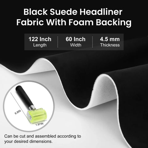 Black Suede Headliner Fabric With Foam Backing 122x60 For Car Truck SUV RV shown with dimensions and foam roller