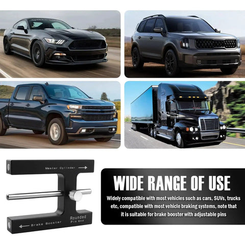 Brake booster adjustment tool with master cylinder; aluminum; shown with Mustang, SUV, pickup and semi-truck