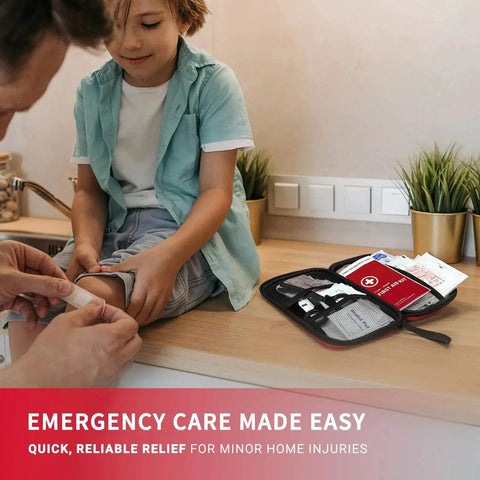 Using All Purpose 184 Piece First Aid Kit For Home Travel Go To Car Office And Worksite with gauze and alcohol pads for a child's scrape