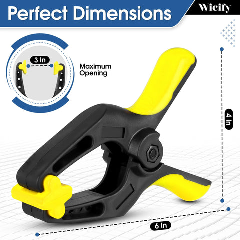 6-Inch heavy-duty plastic spring clamps, 4-pack, yellow handles with black body, 3-inch mouth opening (Amazon)