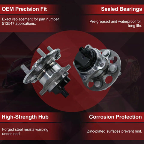 Rear Wheel Bearing And Hub Assembly For Prius, Corolla And Lexus CT200h - 5 Lug With ABS, Direct Fit Upgrade For Your Ride, Fits 2011-2017 CT200h, 2016-2022 Prius, 2020-2022 Corolla, OE Cross Reference 512547, with high-strength hub and sealed bearings.