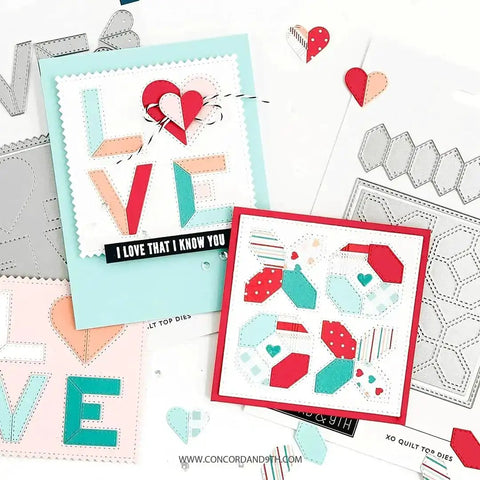 Quilt Top Die Set for Scrapbooking and Card Making with DIY embossing dies displayed on colorful cards and templates.