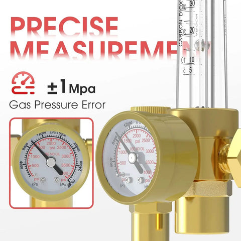 Close-up of Argon CO2 MIG TIG Flow Meter Gas Regulator Gauge With CGA 580 Inlet, showing precise measurement feature.