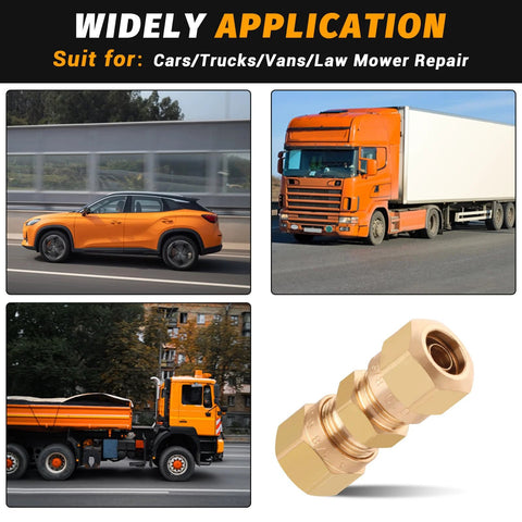 Brass compression straight union fittings, 3/8 in for nylon tubing, pack of 4; orange car and trucks