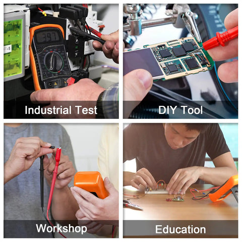 All In One Digital Multimeter Voltmeter Kit With LCD Display For AC DC Voltage And Current, Resistance, Continuity, Diodes, Battery Test, And Included Test Leads used in industrial, DIY, workshop, and educational settings.