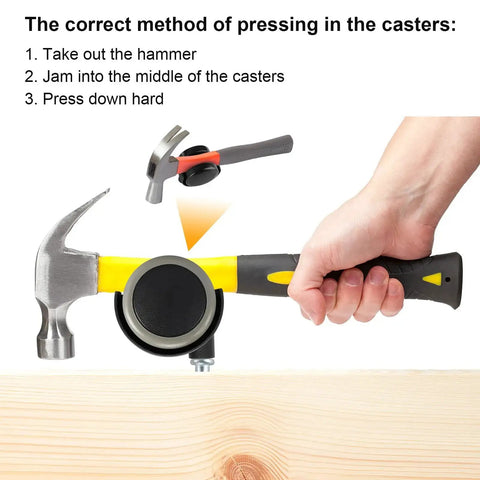 Demonstration of inserting Heavy Duty 2 Inch Caster Wheels Set into furniture using a hammer.