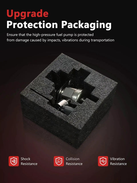 Beef Up Your Ride With A Drop-In High Pressure Fuel Pump Replacement shown in protective packaging for shipping safety