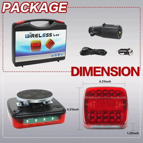 Magnetic wireless trailer taillight kit with red LED taillight, 4.21in square housing, 12V plug, IP67 waterproof