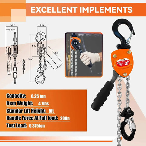 Manual Lever Chain Hoist 550 Lb 5 Ft Lift G80 Alloy Steel For Garage with handle and hook details