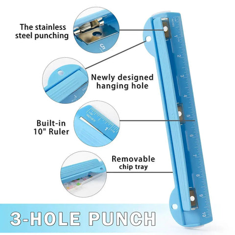 Illustration of a Blue 3 Ring Hole Puncher For Binders showing stainless steel punch, built-in 10 inch ruler, detachable waste tray.