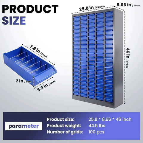 Heavy Duty 100-Drawer Small Parts Storage Cabinet With Removable ABS Drawers, Dividers And Labels, 26 By 9 By 46 Inch Bolt Bin Organizer