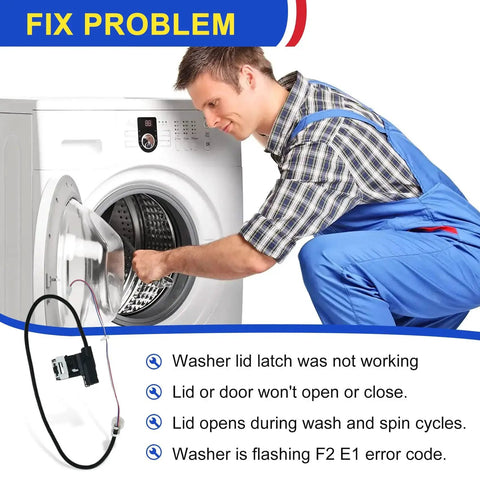 Washer lid lock switch assembly with wiring harness for front-load washing machine (black plastic).