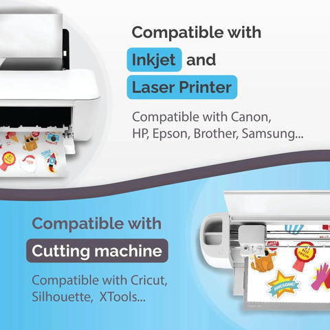 Premium Printable Vinyl Sticker Paper For Inkjet And Laser Printers With 32 Glossy White Self Adhesive Sheets Waterproof And Quick Dry Tear Resistant Dries Vivid Colors And Durable For Indoor Outdoor Use DIY Friendly For Crafts And Labels shown in inkjet printer and cutting machine