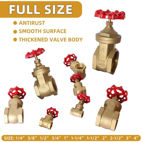 Set of brass gate valves with red wheel handles in multiple NPT sizes, female-to-female threaded for water/oil/gas plumbing